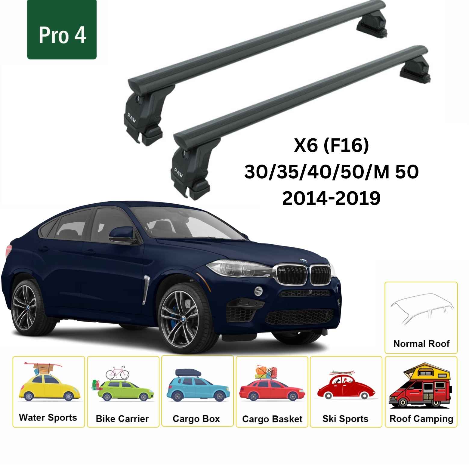 Bmw X6 F16 2014-2019 Oluksuz Üst Tavan Portbagaj Taşıyıcı Ara Atkısı Toros Serisi Pro 4 Siyah