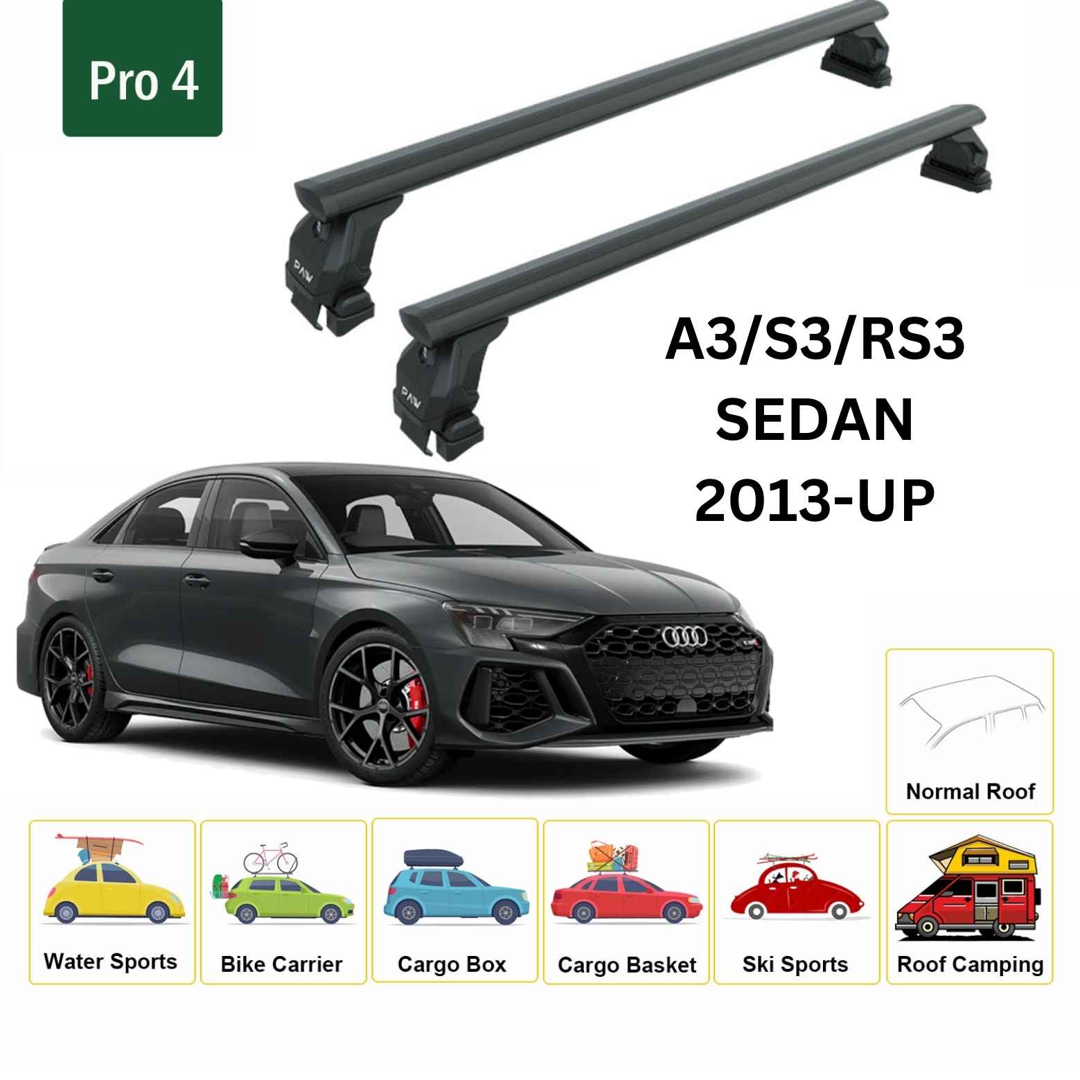 Audi A3 2013-2020 Sedan Oluksuz Üst Tavan Portbagaj Taşıyıcı Ara Atkısı Toros Serisi Pro 4 Siyah