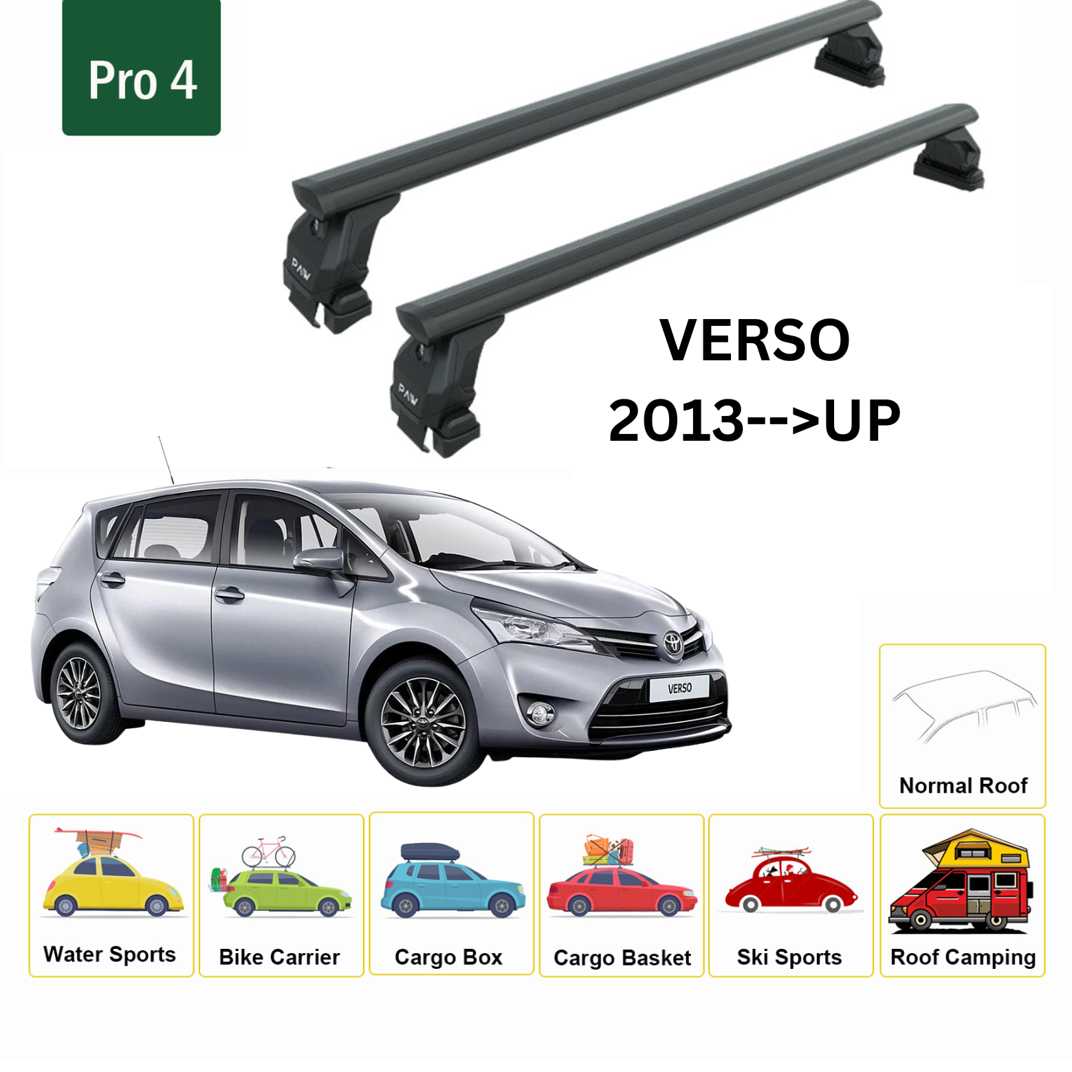 Toyota Verso 2013-2018 Oluksuz Üst Tavan Portbagaj Taşıyıcı Ara Atkısı Toros Serisi Pro 4 Siyah
