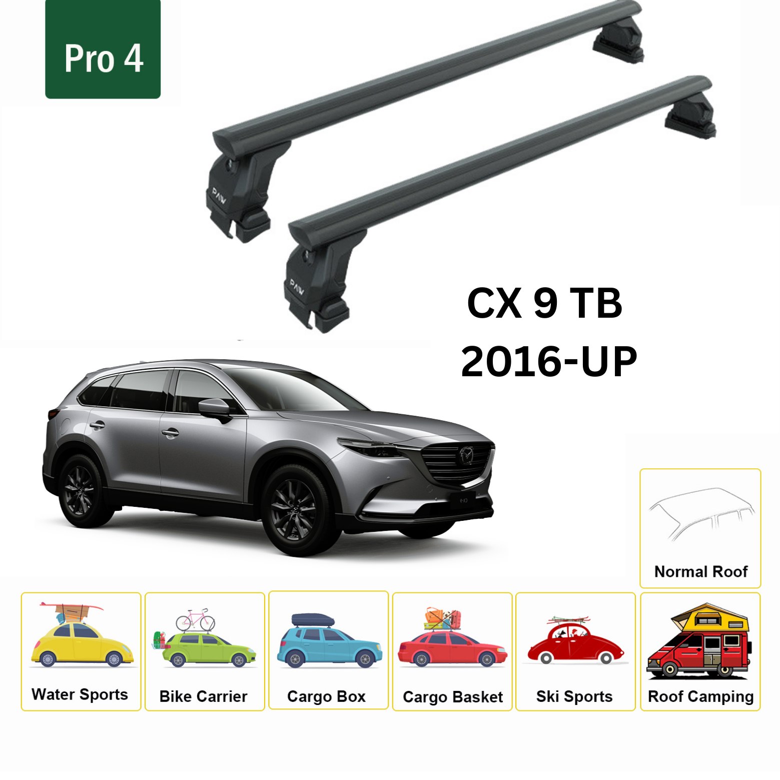 Mazda Cx 9 Tc 2016-2023 Oluksuz Üst Tavan Portbagaj Taşıyıcı Ara Atkısı Toros Serisi Pro 4 Siyah