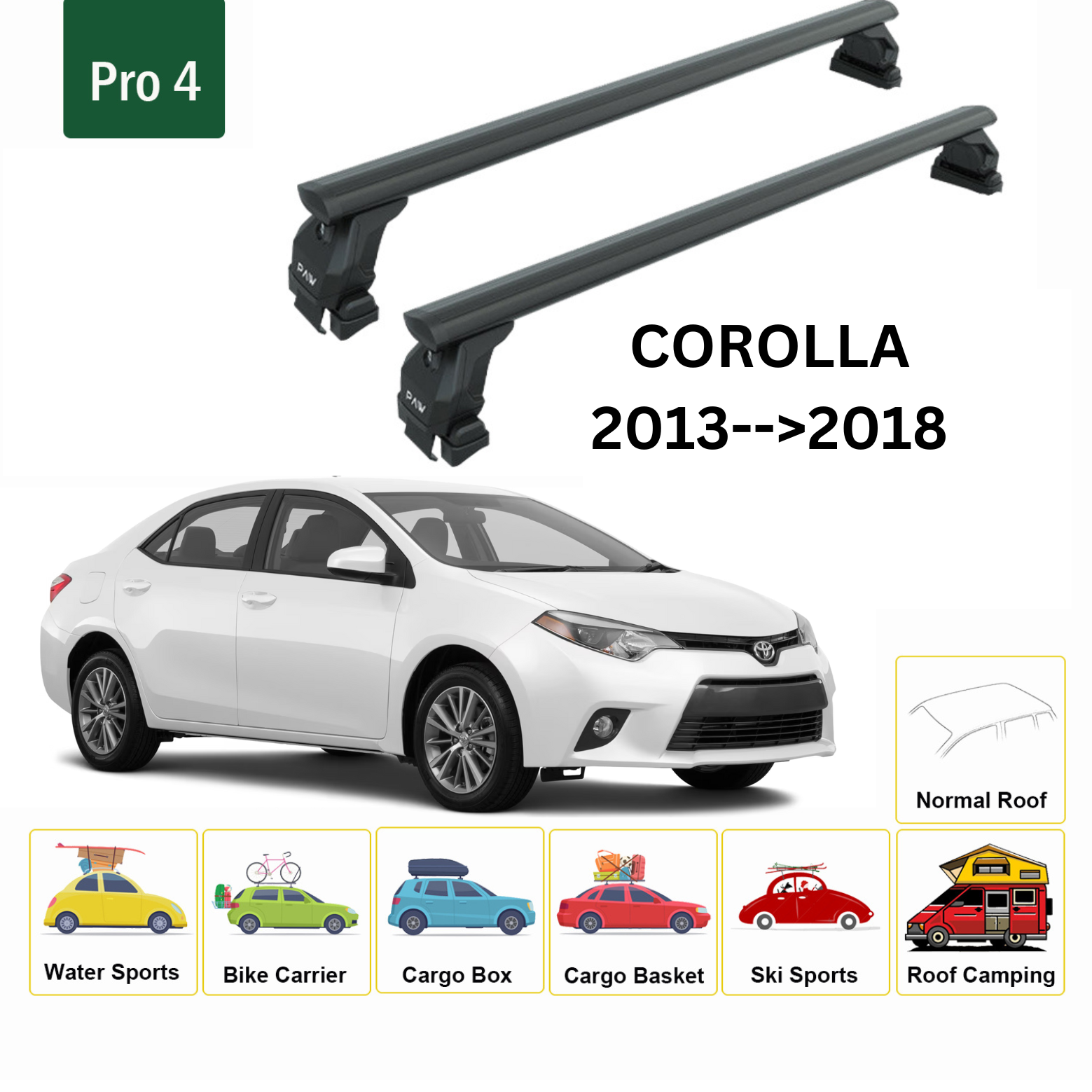 Toros Toyota Corolla Sedan (2013-2018) Oluksuz Tavan Ara Atkı Portbagaj Taşıyıcı Pro 4 Siyah