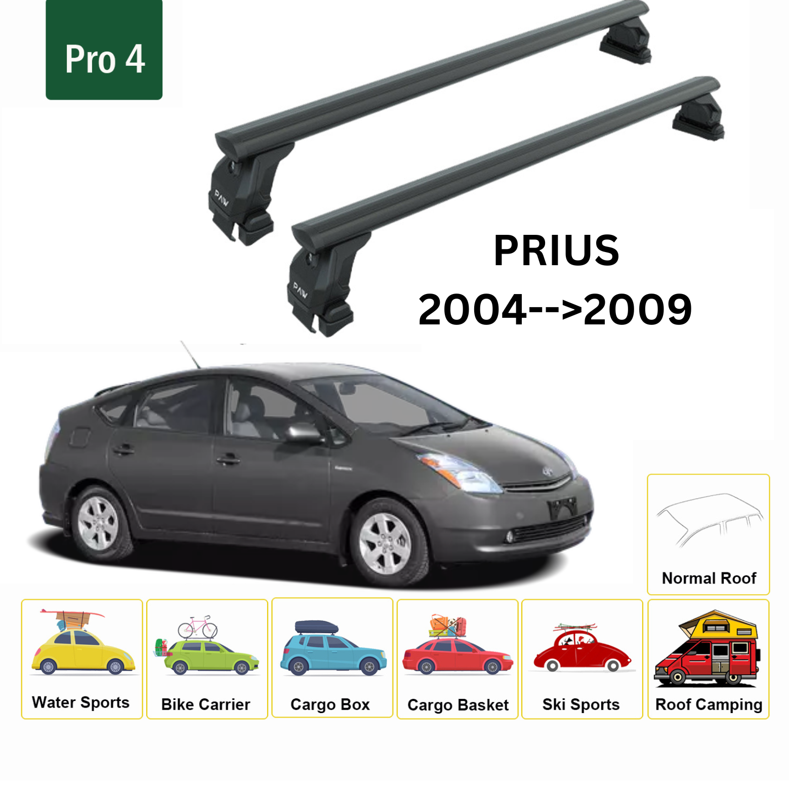 Toros Toyota Prius (2004-2009) Oluksuz Tavan Ara Atkı Portbagaj Taşıyıcı Pro 4 Siyah