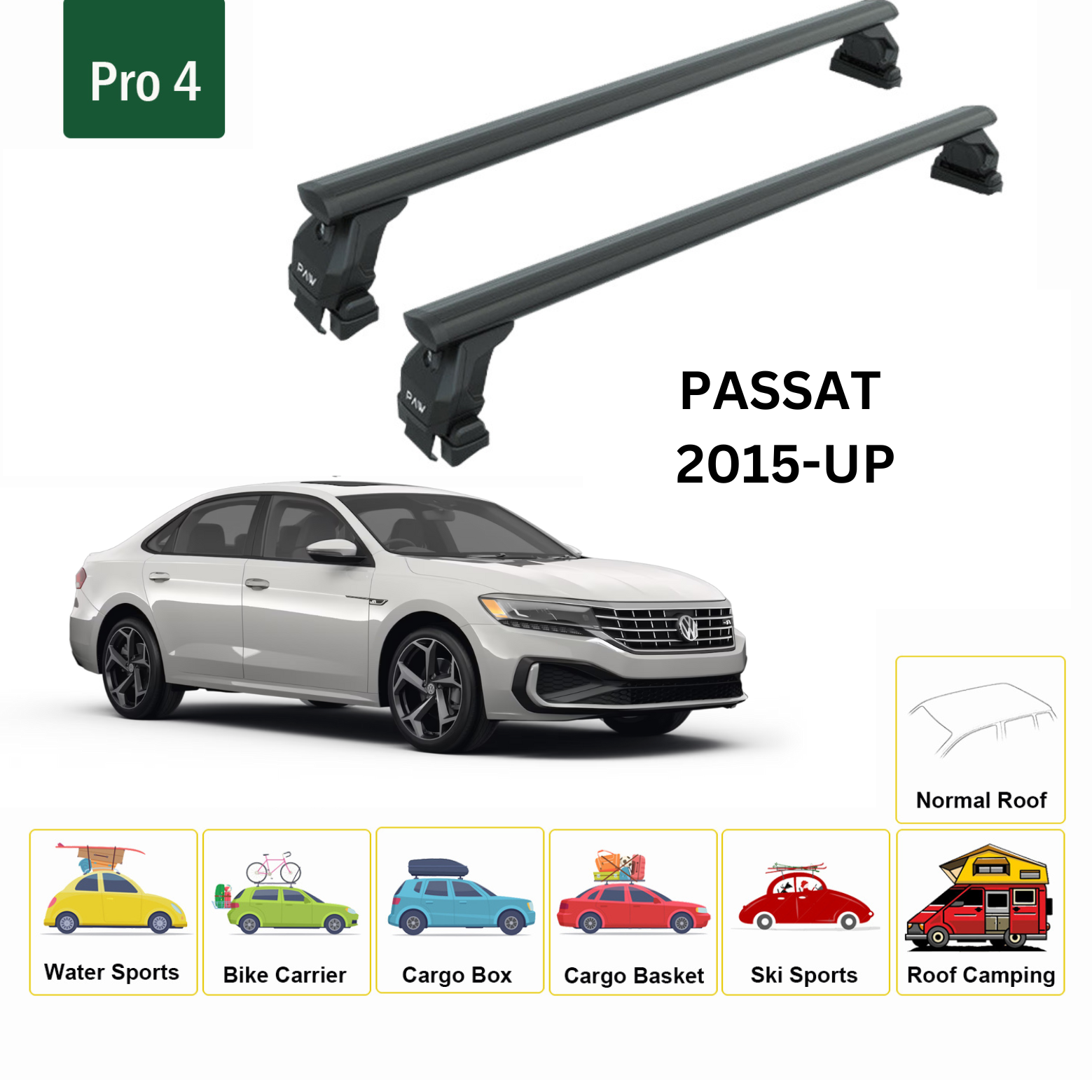 Volkswagen Passat Sedan B6 2005-2011 Oluksuz Üst Tavan Portbagaj Taşıyıcı Ara Atkısı Toros Serisi Pro 4 Siyah