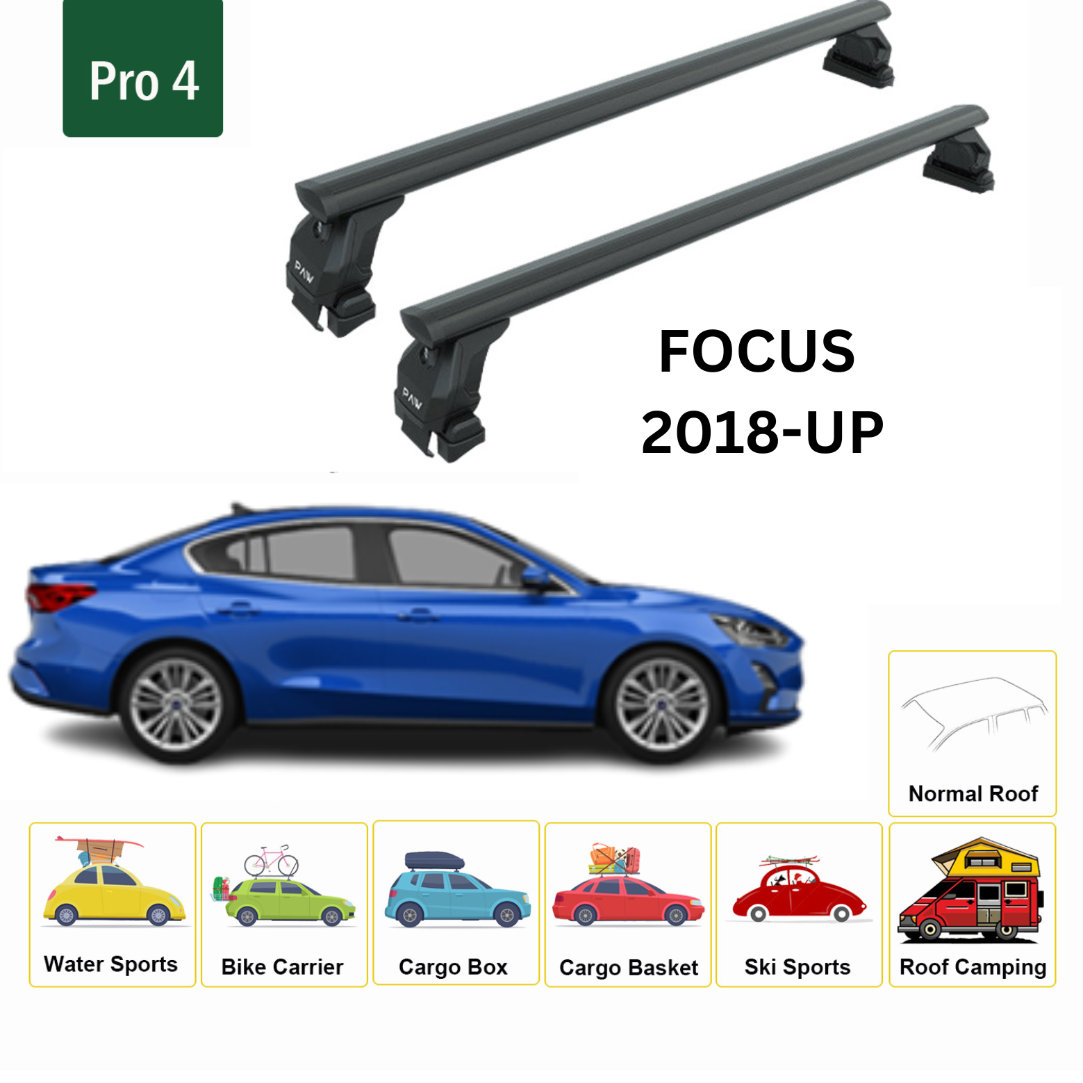 Ford Focus Sedan (C519) 2018-2025 Oluksuz Üst Tavan Portbagaj Taşıyıcı Ara Atkısı Toros Serisi Pro 4 Siyah