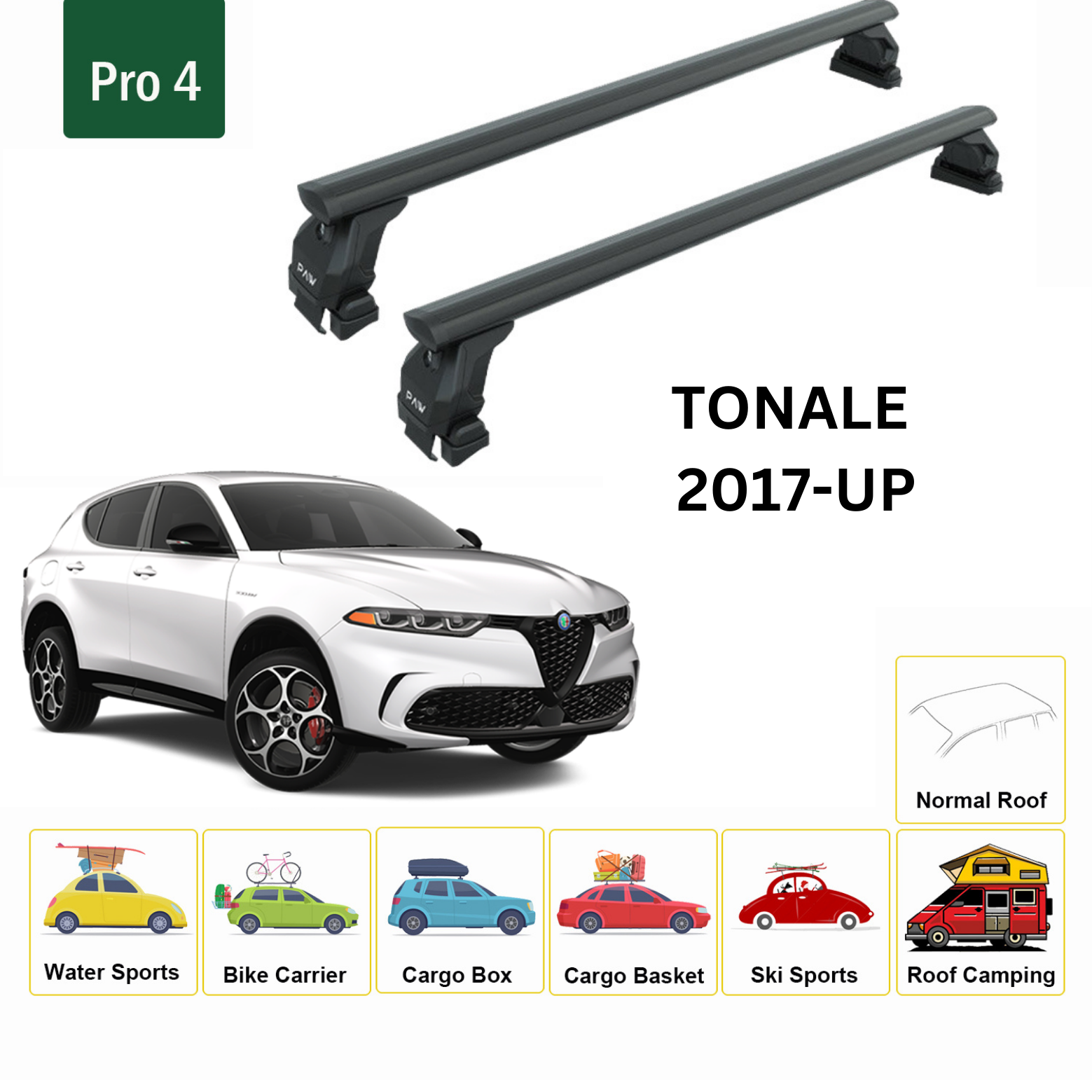 Alfa Romeo Tonale 2017-2025 Oluksuz Üst Tavan Portbagaj Taşıyıcı Ara Atkısı Toros Serisi Pro 4 Siyah