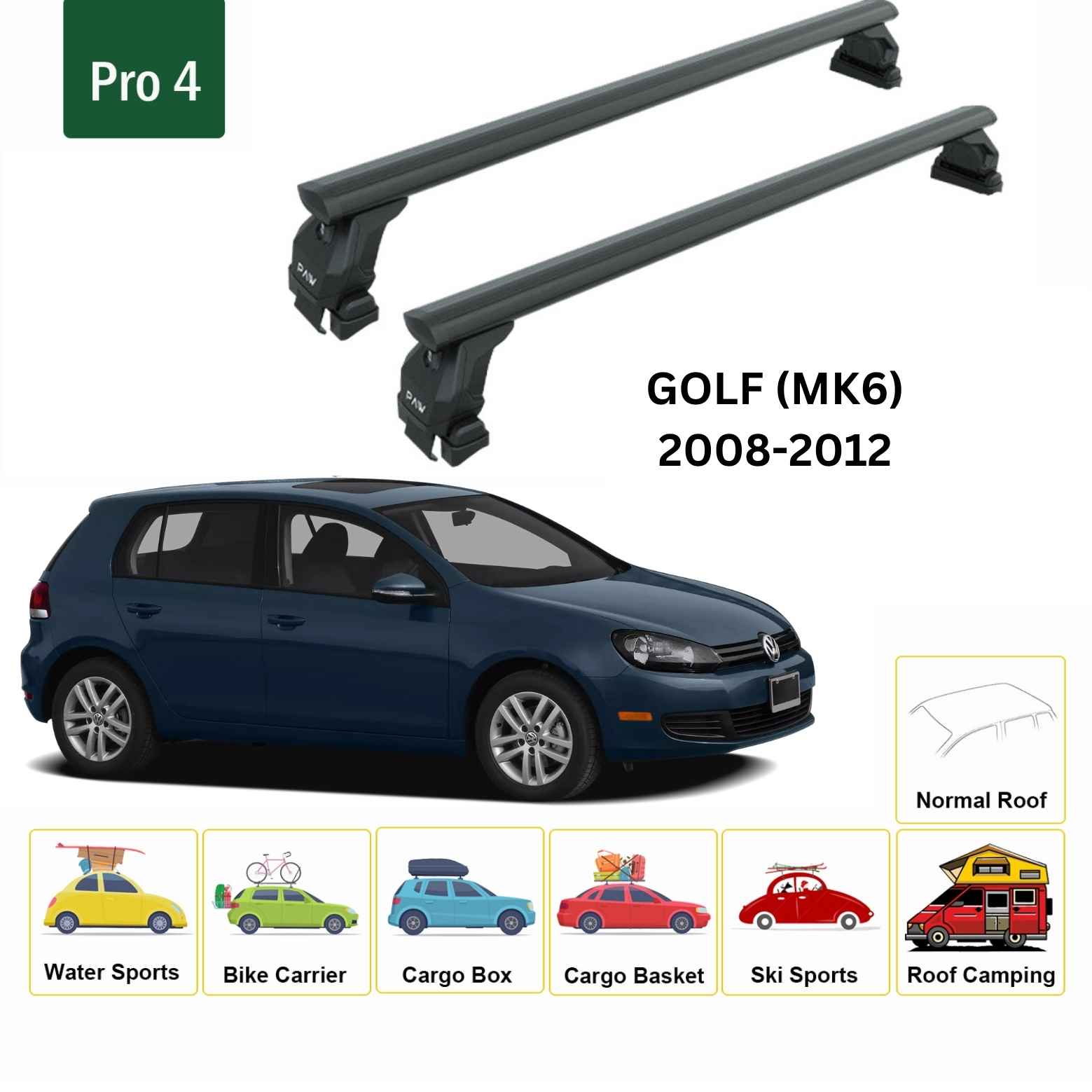 Volkswagen Golf 5D (Mk6) 2008-2012 Oluksuz Üst Tavan Portbagaj Taşıyıcı Ara Atkısı Toros Serisi Pro 4 Siyah