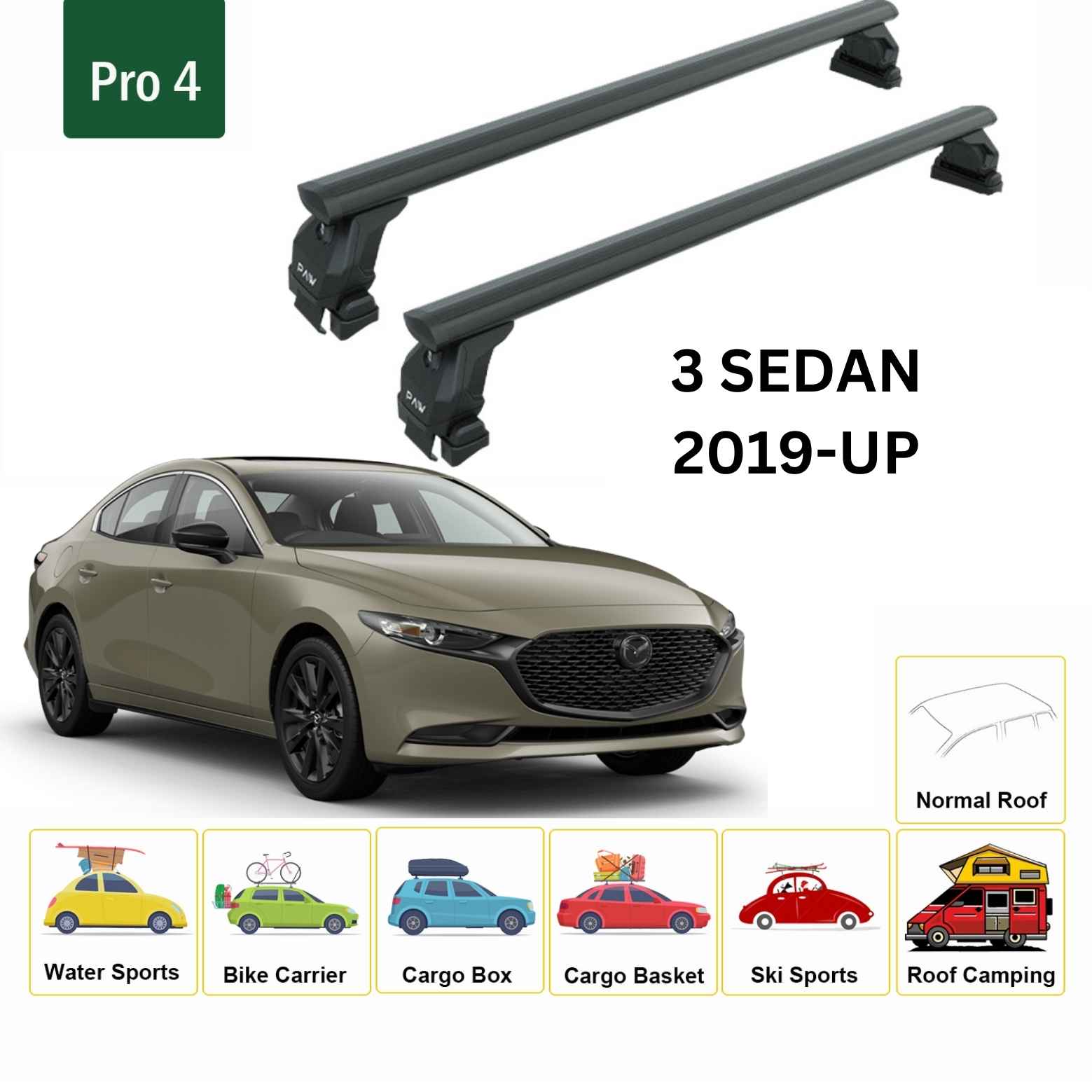 Mazda 3 Sedan 2019-2025 Oluksuz Üst Tavan Portbagaj Taşıyıcı Ara Atkısı Toros Serisi Pro 4 Siyah