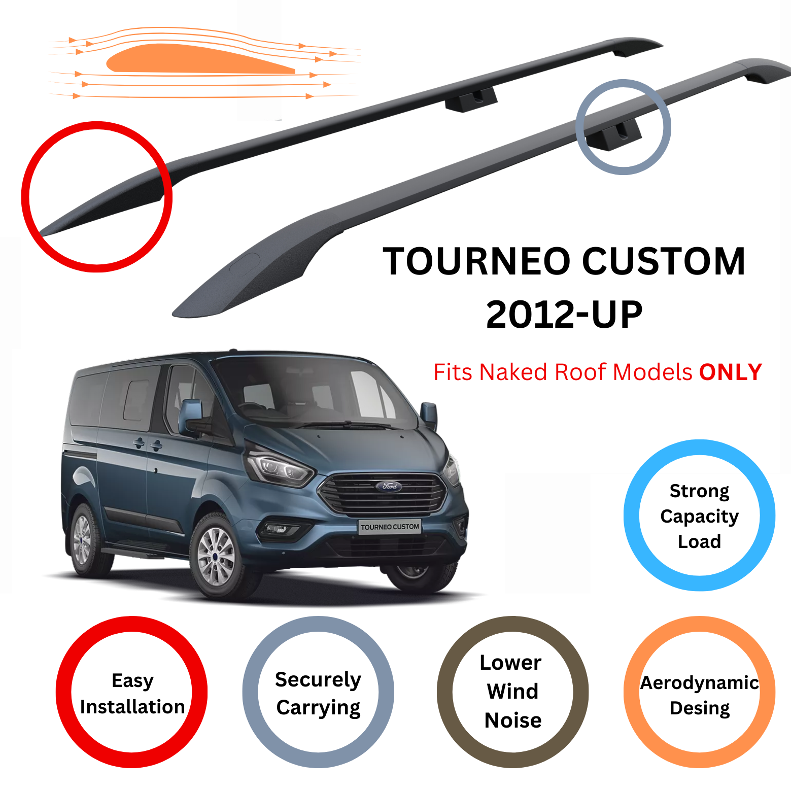 Ford Tourneo Custom 2012-2023 Araç Üstü Alüminyum Tavan Yan Rayları Plus Serisi - Siyah
