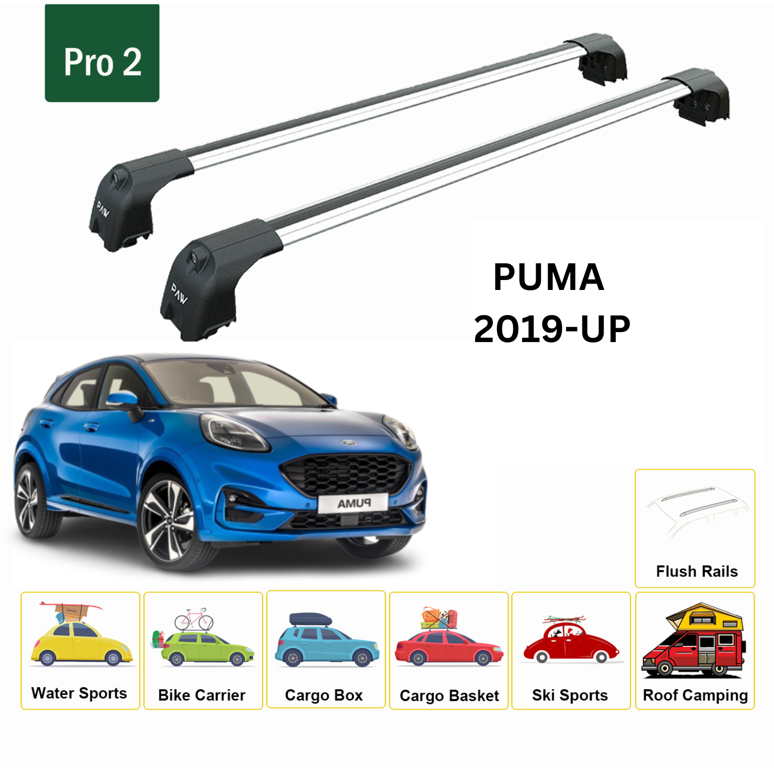Ford Puma 2019-2025 Roof Rack Cross Bars Flush Rail Alu Silver