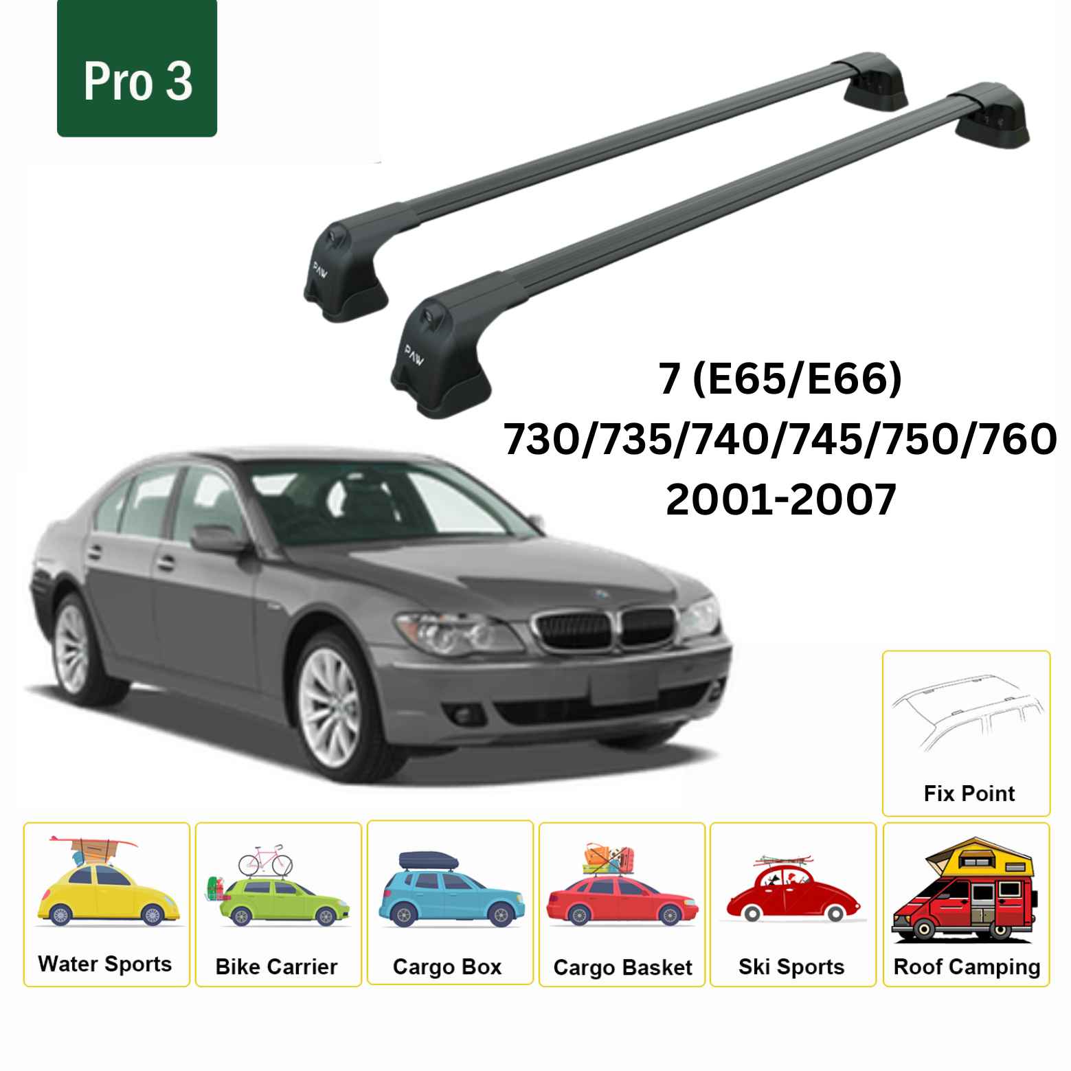 Paw BMW 7 Serisi E65/E66 (2001-2007) Ara Atkı Portbagaj Taşıyıcı Pro 3 Siyah
