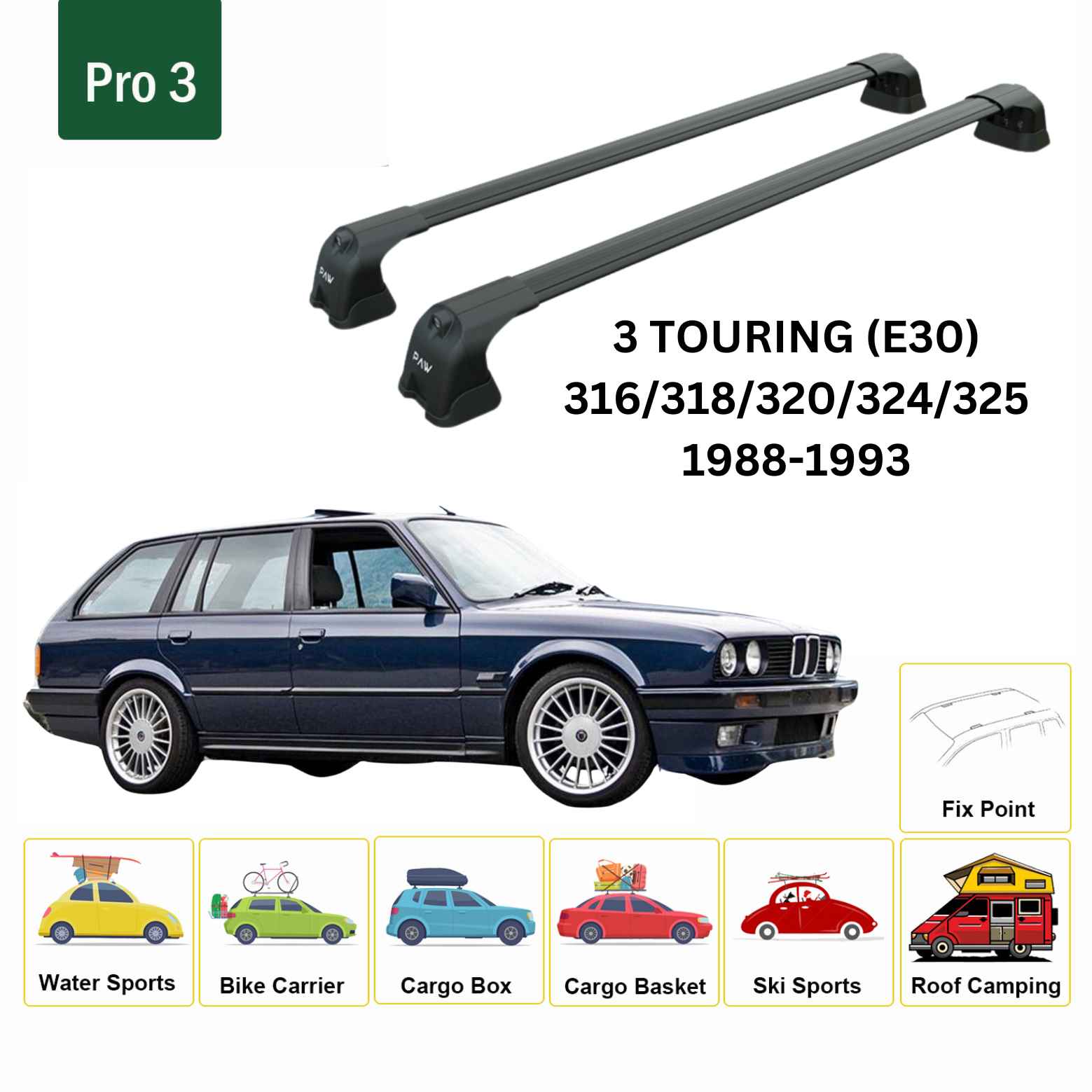 Bmw 3 Touring E30 1988-1993 Ara Atkı Portbagaj Taşıyıcı Aparatı Paw Pro 3 - Siyah
