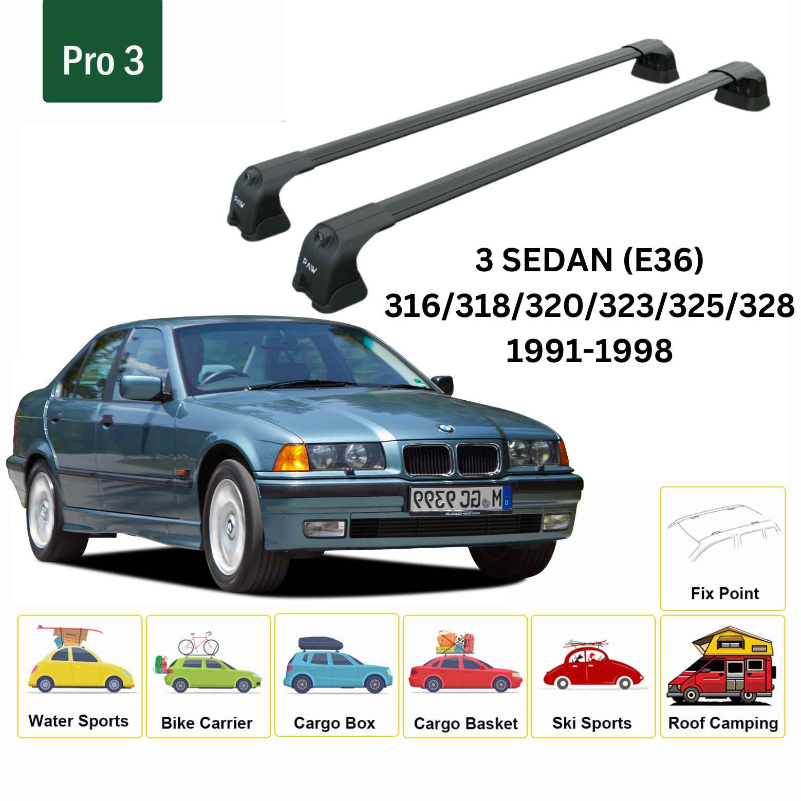 Bmw 3 Serisi Sedan E36 (1991-1998) Ara Atkı Portbagaj Taşıyıcı - Paw Pro 3 Siyah