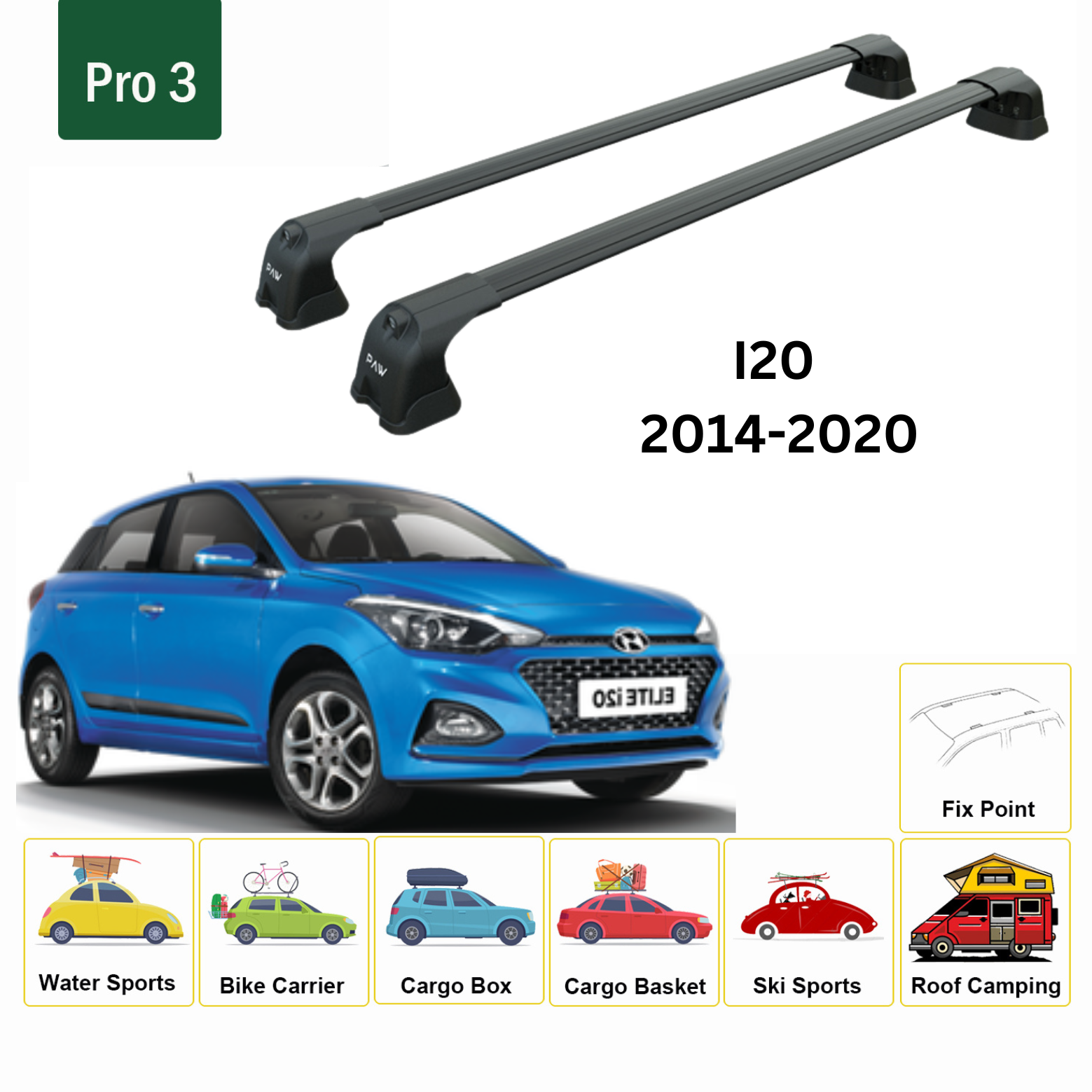 Paw Hyundai i20 (GB) 2014-2020 Ara Atkı Portbagaj Taşıyıcı - Pro 3 Siyah