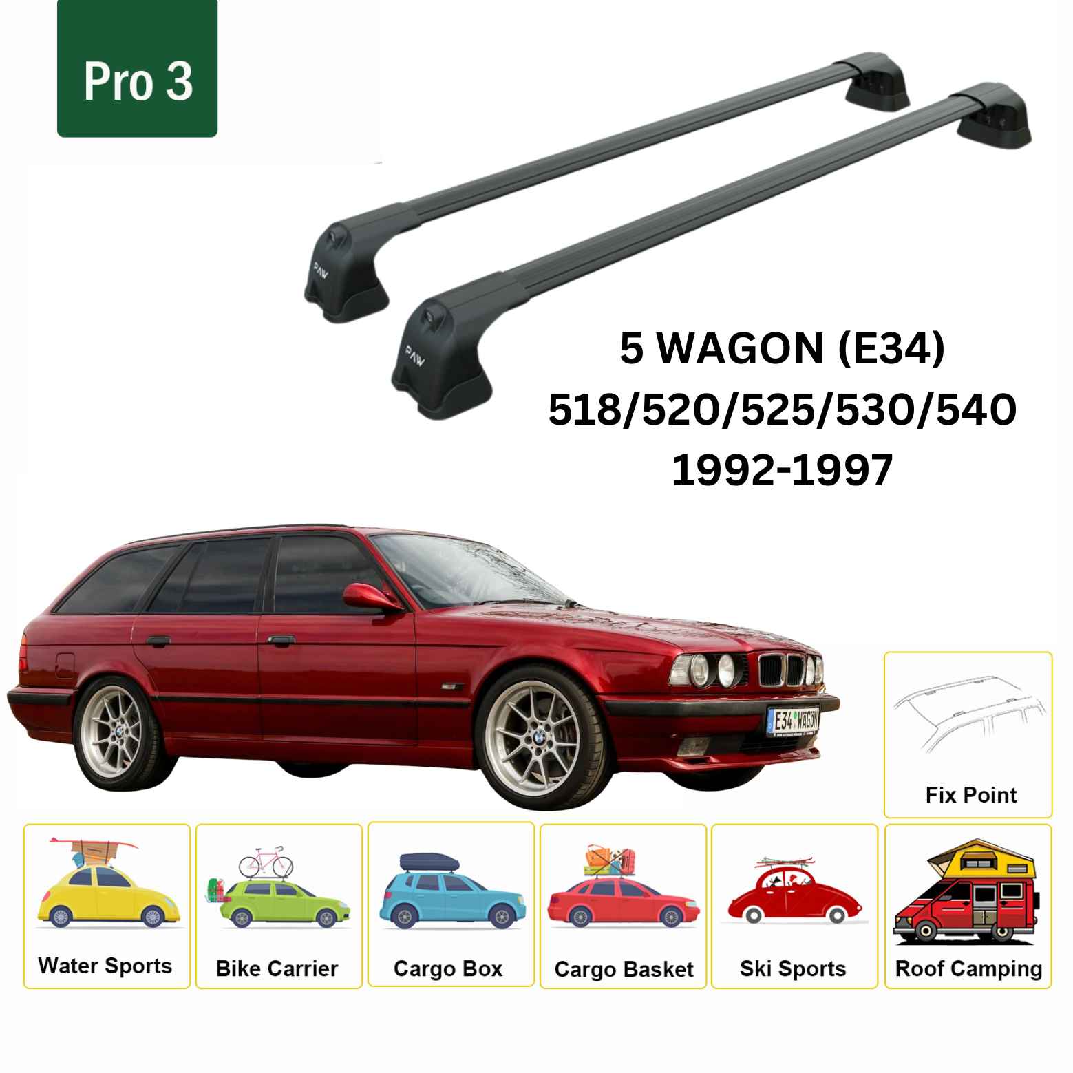 Paw BMW 5 Serisi Wagon E34 (1992-1997) Ara Atkı Portbagaj Taşıyıcı Pro 3 Gri