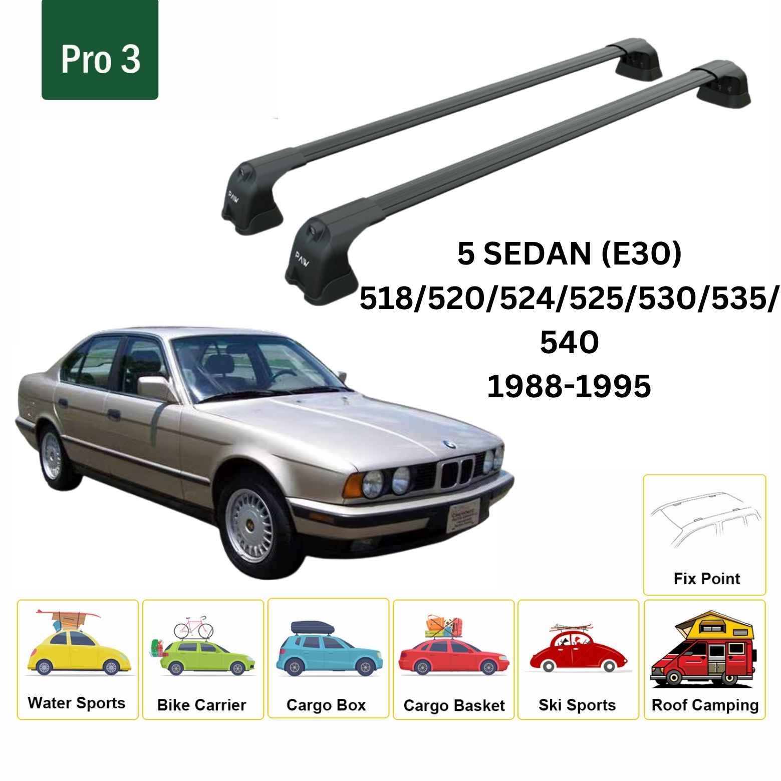 Paw BMW 5 Serisi Sedan E34 (1988-1995) Ara Atkı Portbagaj Taşıyıcı Pro 3 Siyah