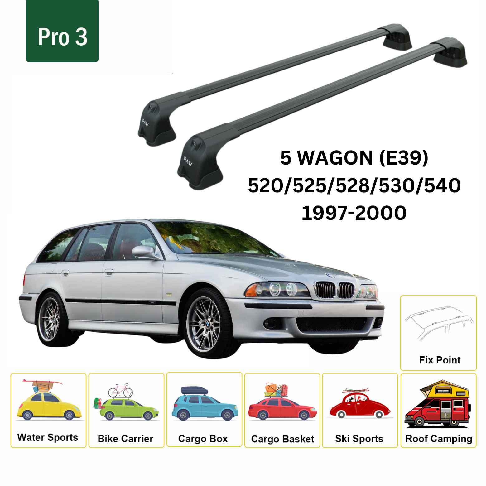 Paw BMW 5 Serisi Wagon E39 (1997-2000) Ara Atkı Portbagaj Taşıyıcı Pro 3 Siyah