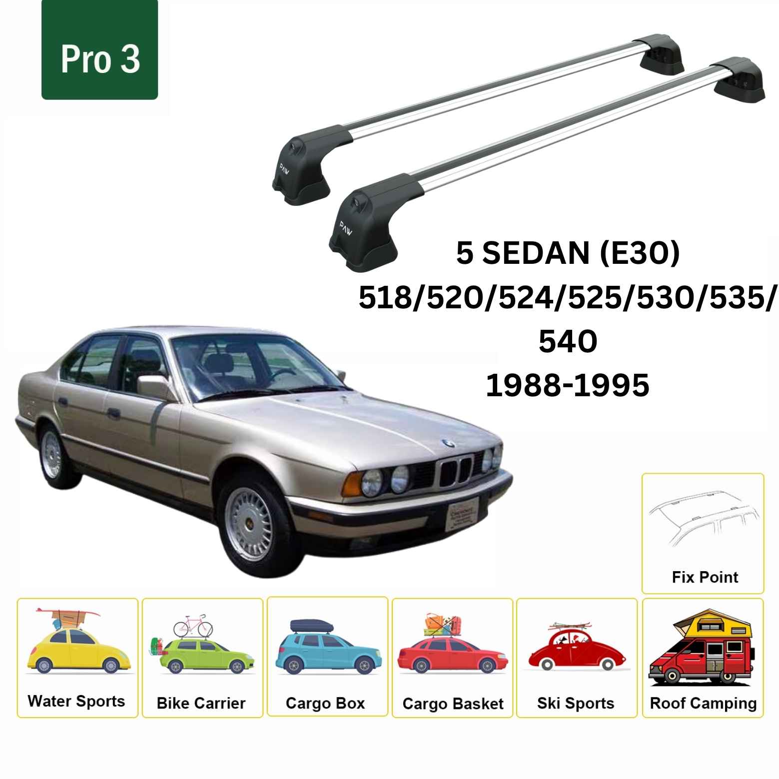 Paw BMW 5 Serisi Sedan E34 (1988-1995) Ara Atkı Portbagaj Taşıyıcı Pro 3 Gri