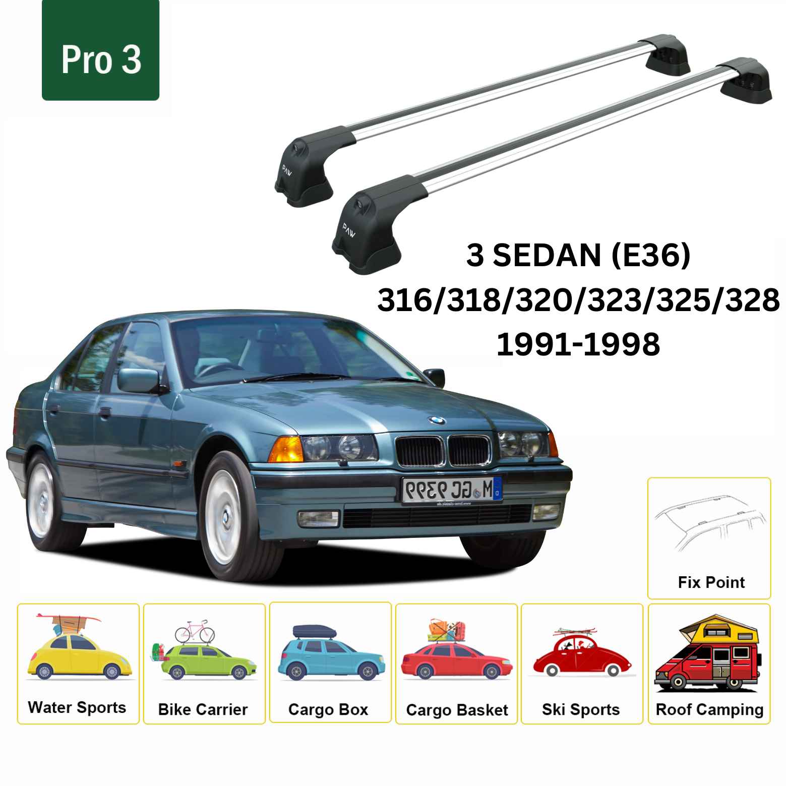 Bmw 3 Serisi Sedan E36 (1991-1998) Ara Atkı Portbagaj Taşıyıcı - Paw Pro 3 Gri