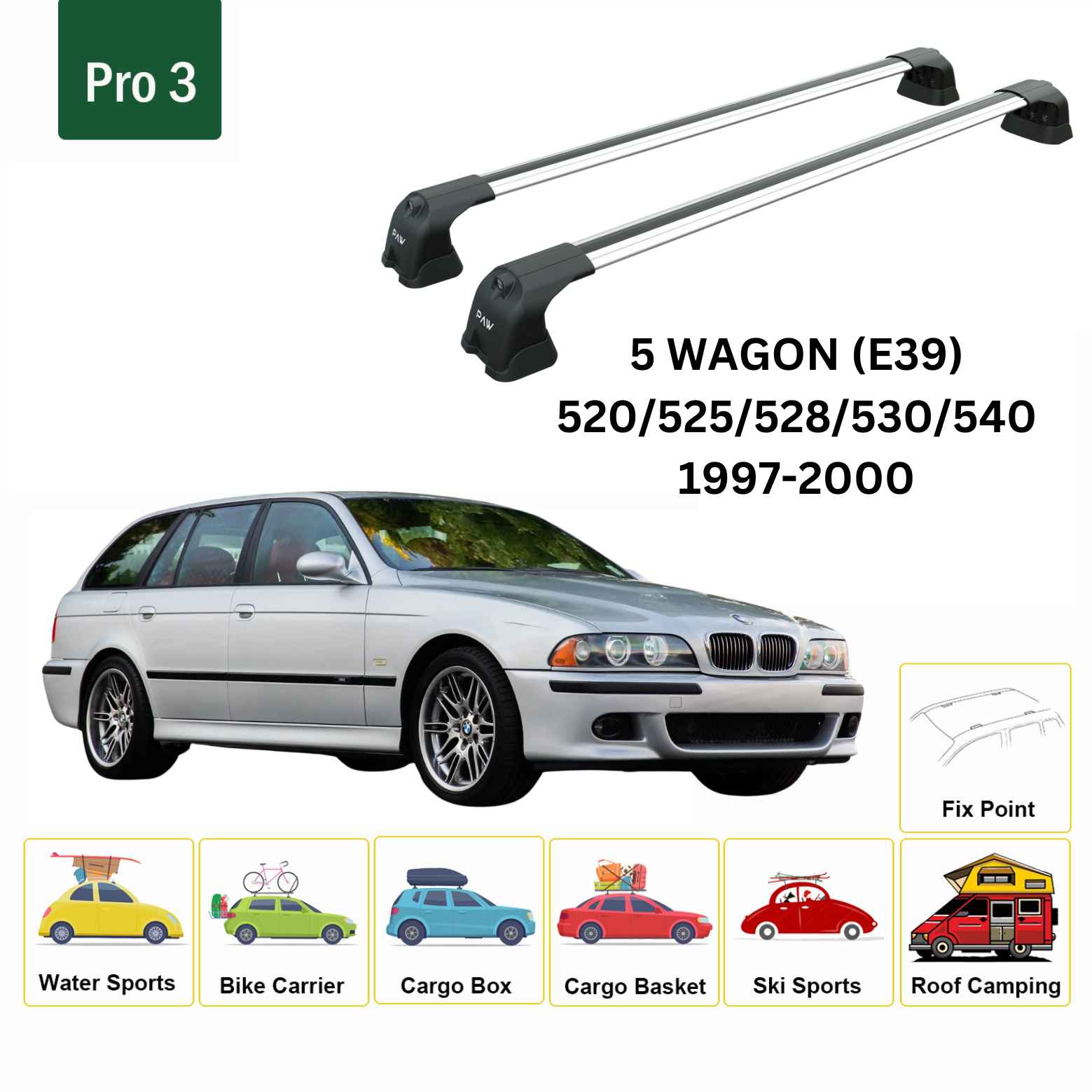 Paw BMW 5 Serisi Wagon E39 (1997-2000) Ara Atkı Portbagaj Taşıyıcı Pro 3 Gri