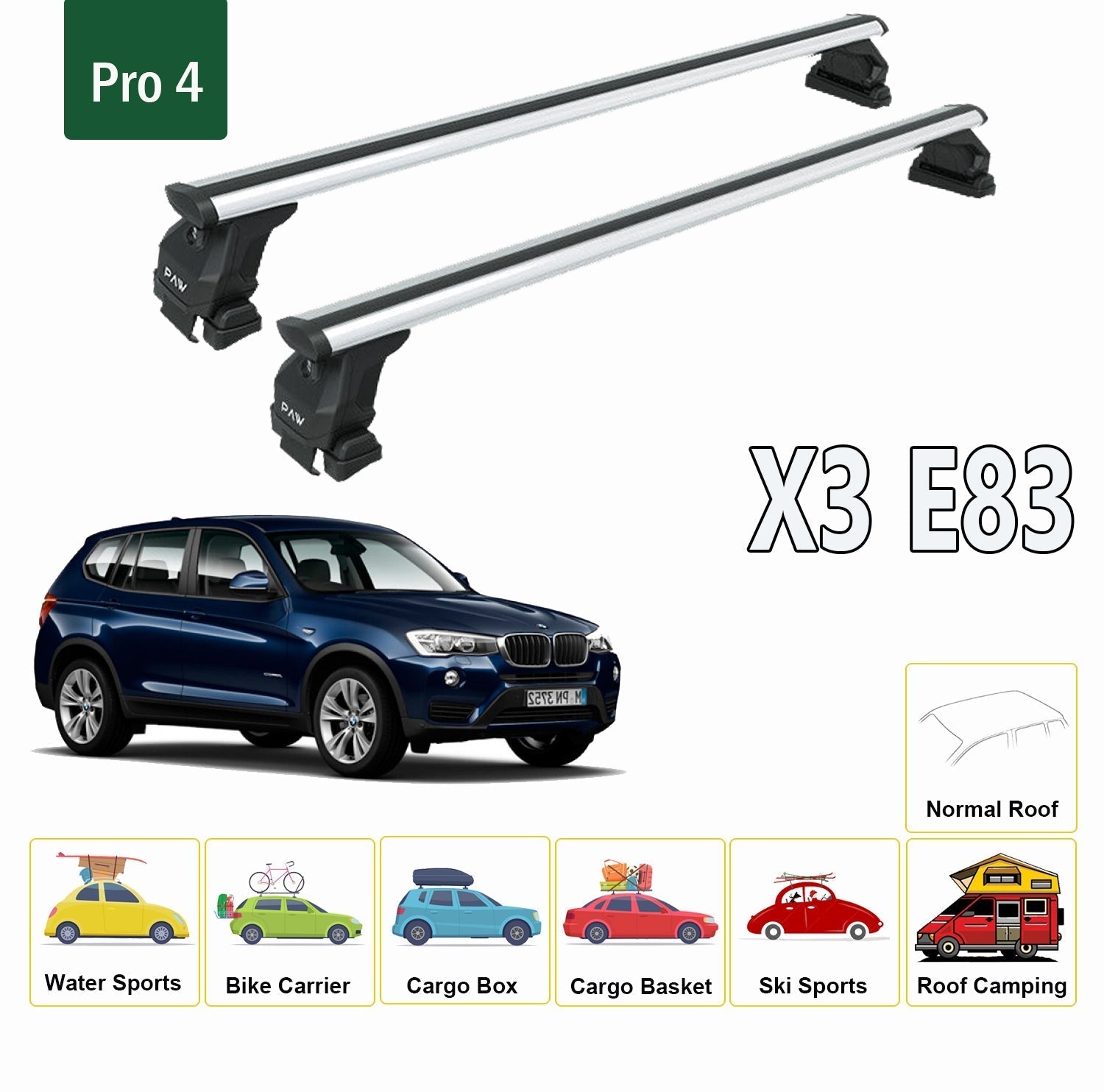 BMW X3 E83 (2003-2010) Uyumlu PAW Toros Serisi Pro 4 Tavan Ara Barı -Siyah