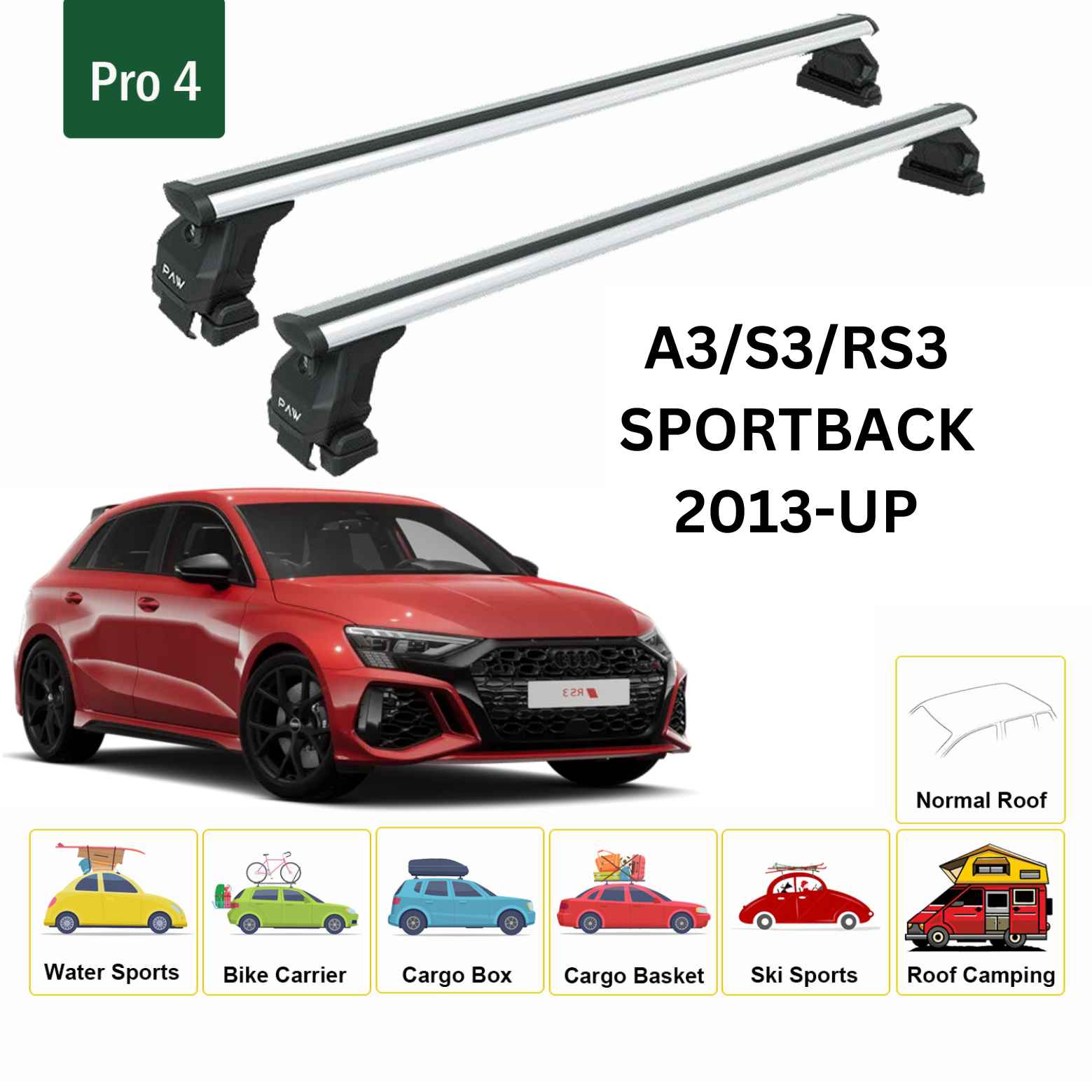 Audi A3/S3/Rs3 Sportback 2013-2020 Oluksuz Üst Tavan Portbagaj Taşıyıcı Ara Atkısı Toros Serisi Pro 4 Gri