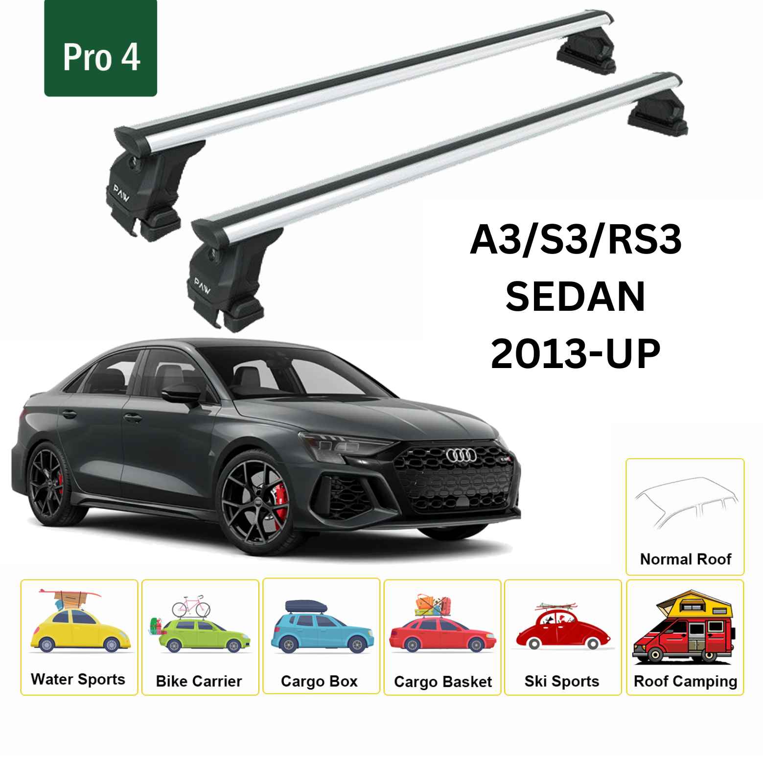 Audi A3 2013-2020 Sedan Oluksuz Üst Tavan Portbagaj Taşıyıcı Ara Atkısı Toros Serisi Pro 4 Gri