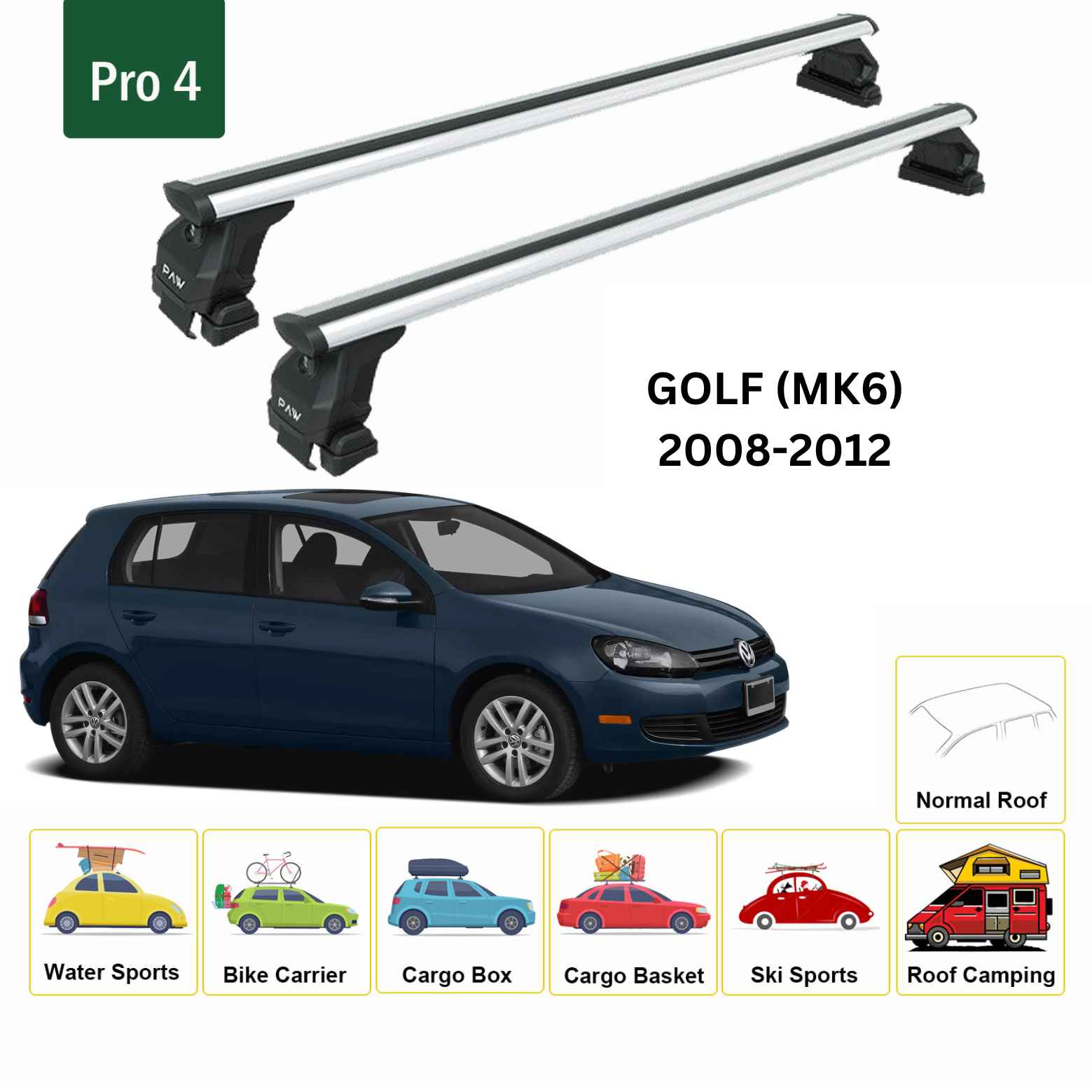 Volkswagen Golf 5D (Mk6) 2008-2012 Oluksuz Üst Tavan Portbagaj Taşıyıcı Ara Atkısı Toros Serisi Pro 4 Gri