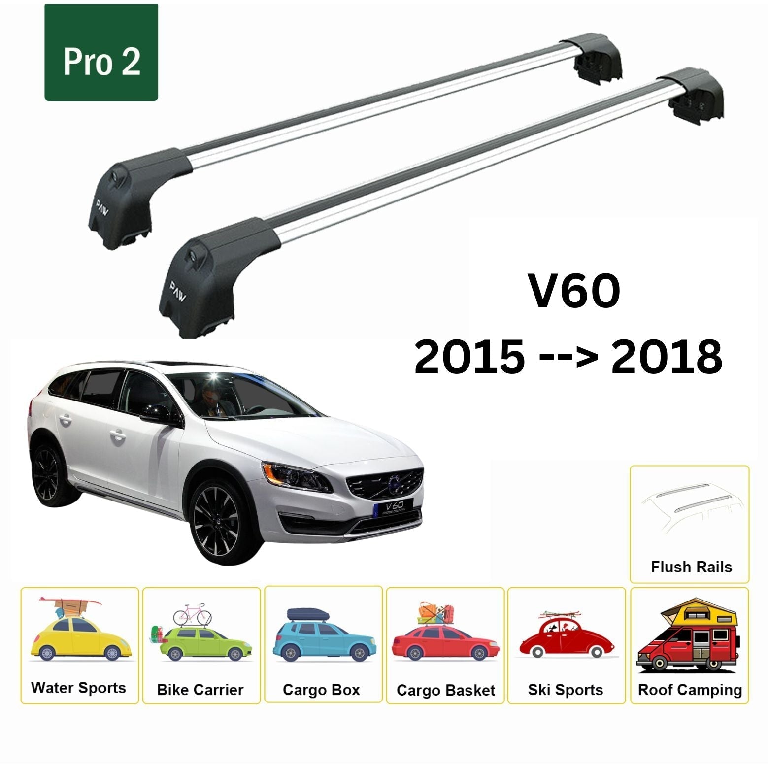 Volvo V60 Cross Country 2015-2018 Portbagaj Taşıyıcı Ara Atkisi - Ara Çubuk Paw Pro 2 Gri