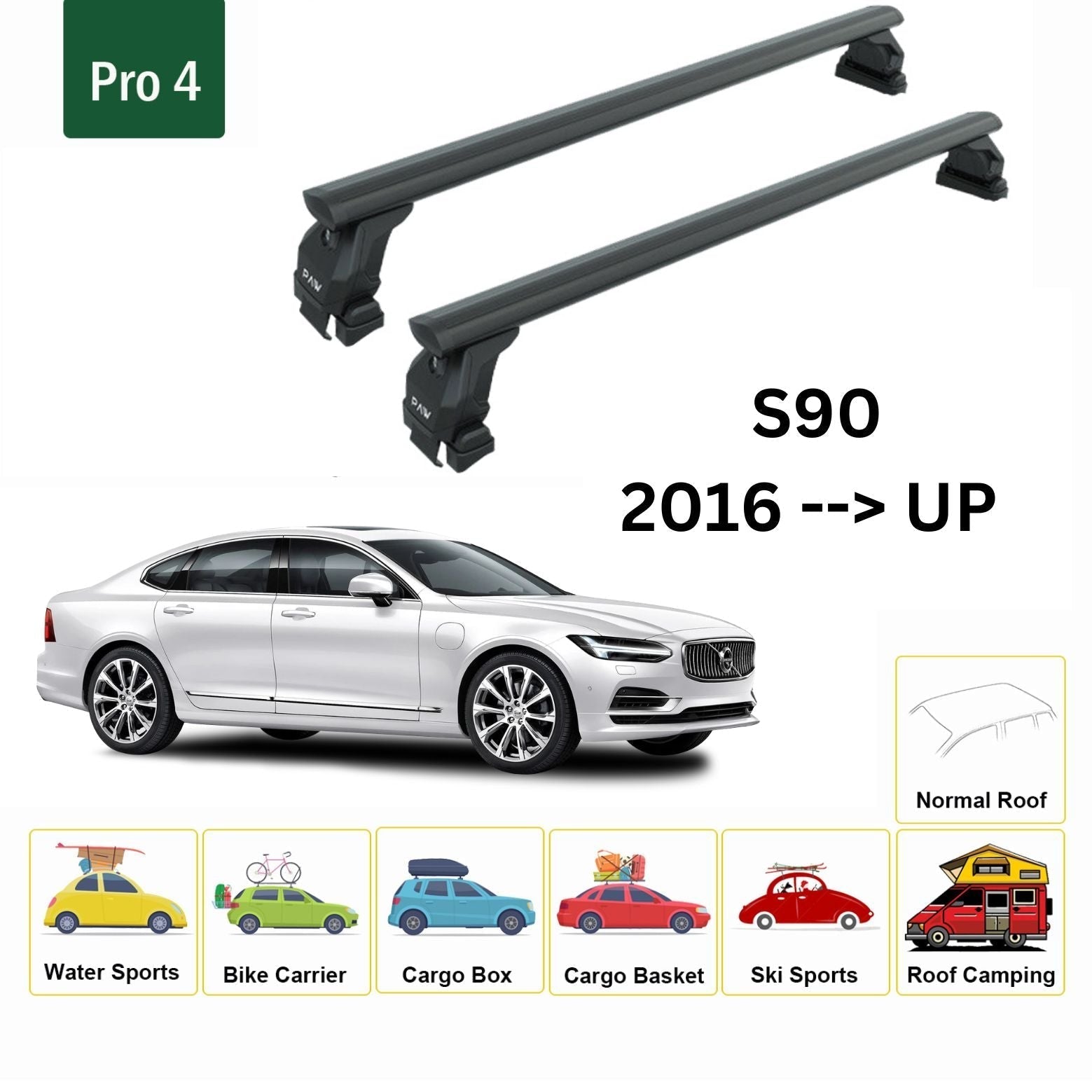 Volvo S90 2016-2025 Oluksuz Üst Tavan Portbagaj Taşıyıcı Ara Atkısı Toros Serisi Pro 4 Siyah