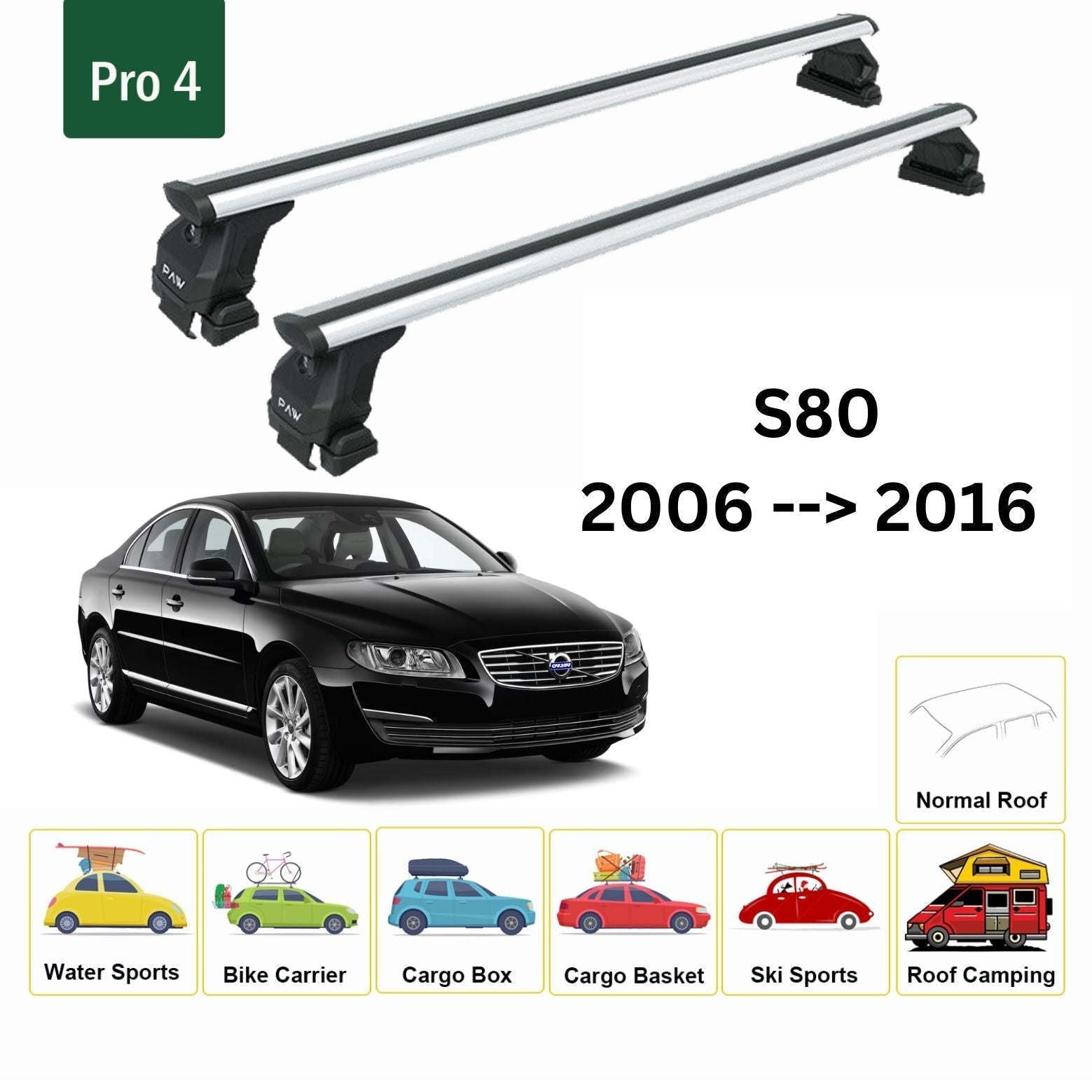 Volvo S80 2006-2016 Oluksuz Üst Tavan Portbagaj Taşıyıcı Ara Atkısı Toros Serisi Pro 4 Gri