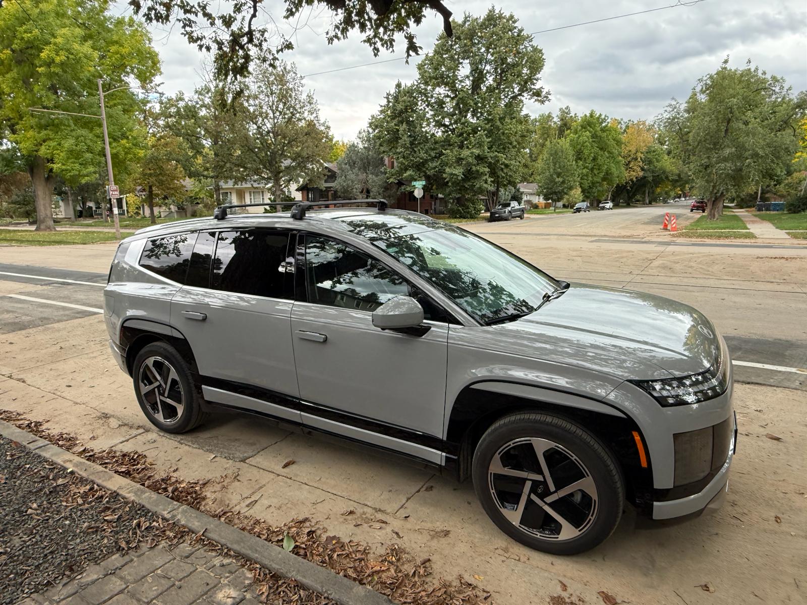 Silver SUV parked on a street with trees and houses in the background