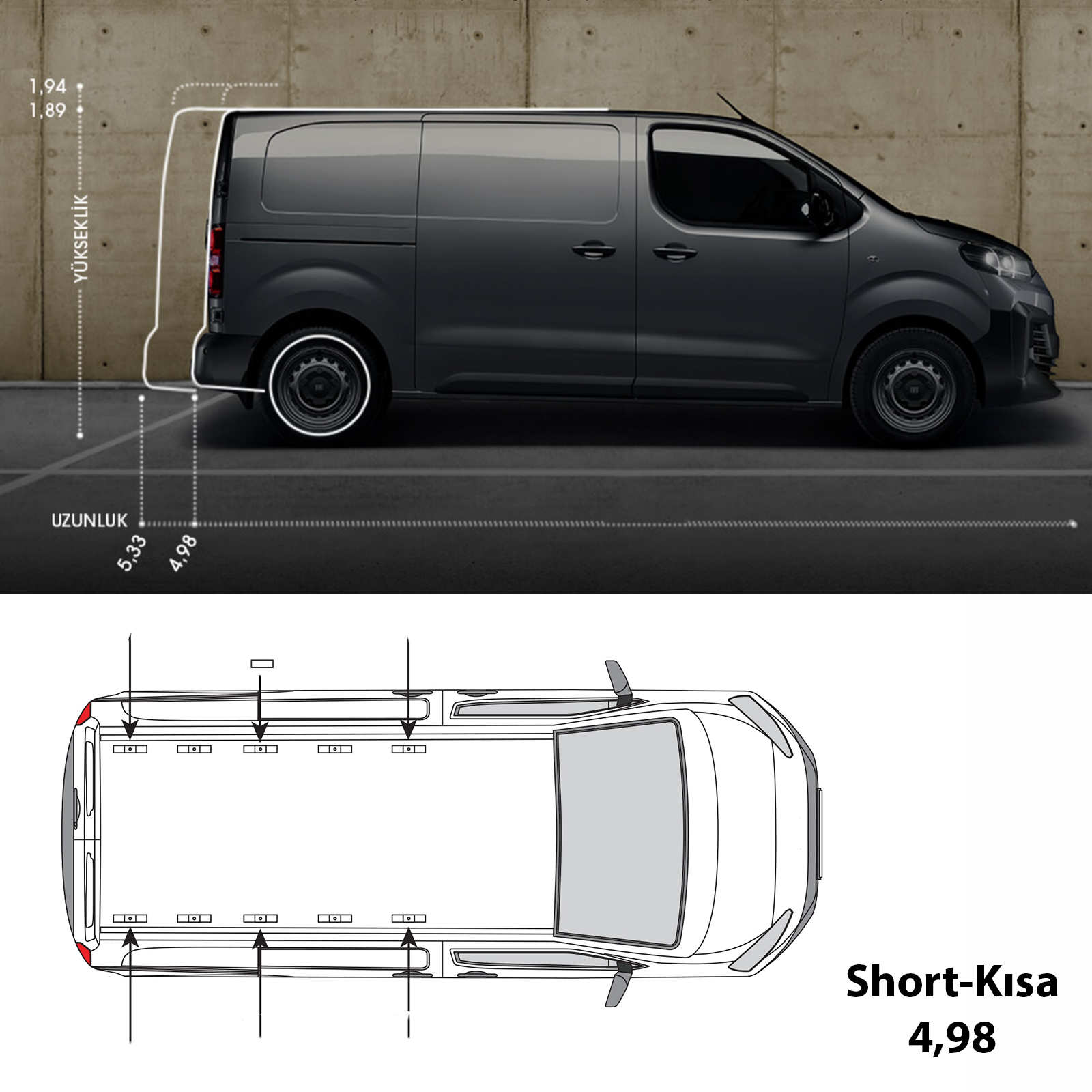Fiat Scudo Kısa (2021-2025) Alüminyum Tavan Rayları, Plus Serisi - Siyah